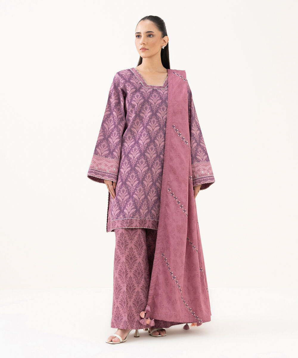 Women's Unstitched Cross Hatch Embroidered Pink 3 Piece Suit