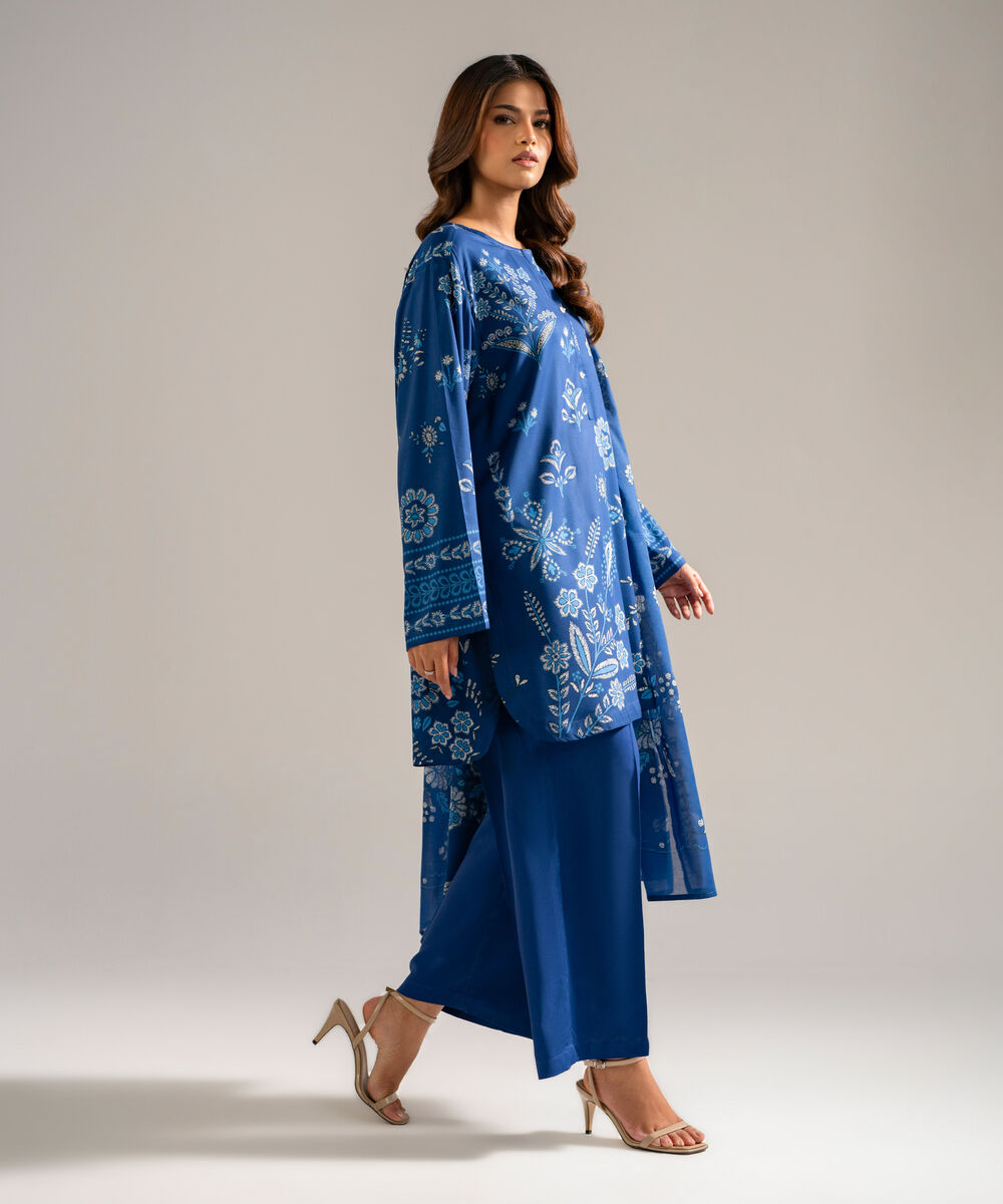 Women's RTW Arabic Lawn Printed Blue 3 Piece Suit