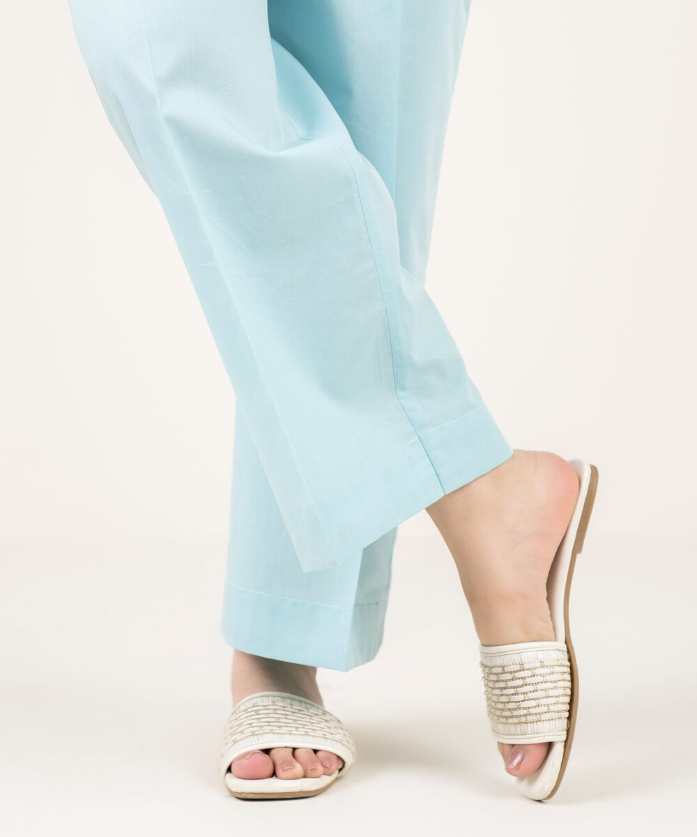 Women's RTW Cambric Solid Blue Straight Pants