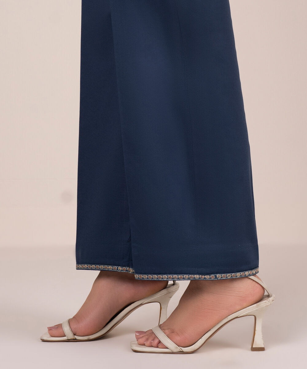 Women's RTW Cambric Solid Blue Straight Pants