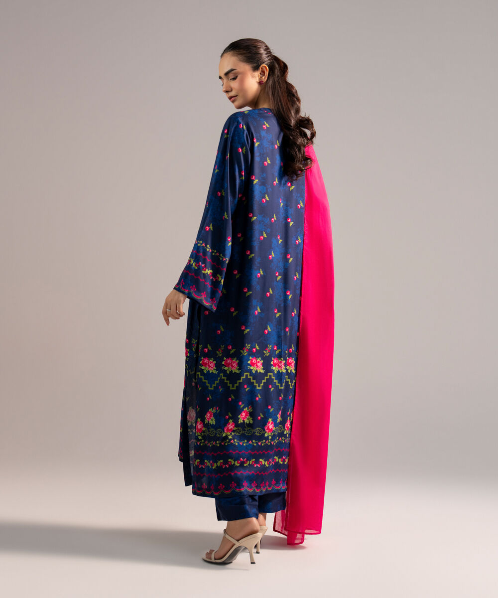Women's RTW Arabic Lawn Solid Dark Blue 3 Piece Suit