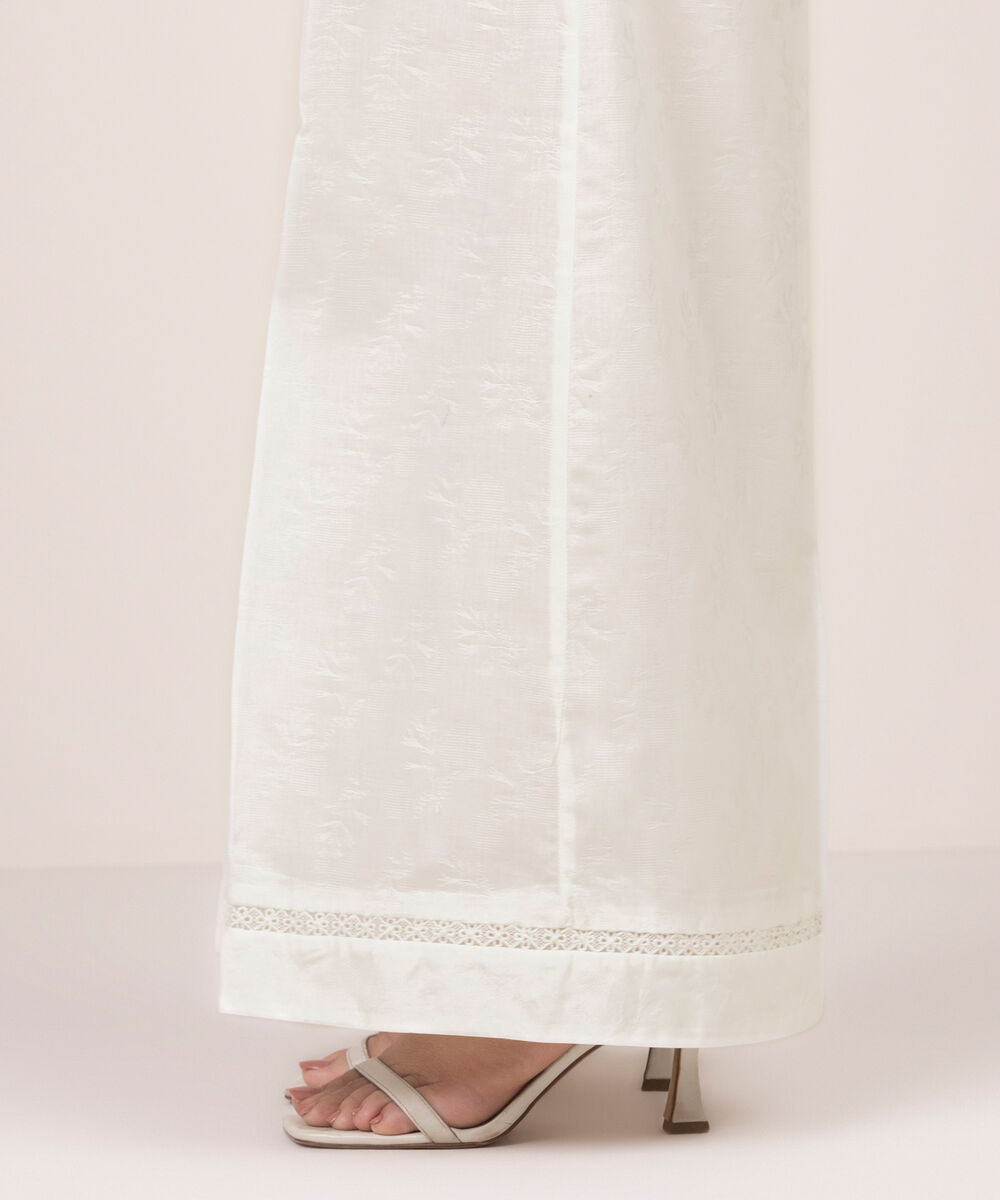 Women's RTW Self Jacquard Solid White Flared Pants