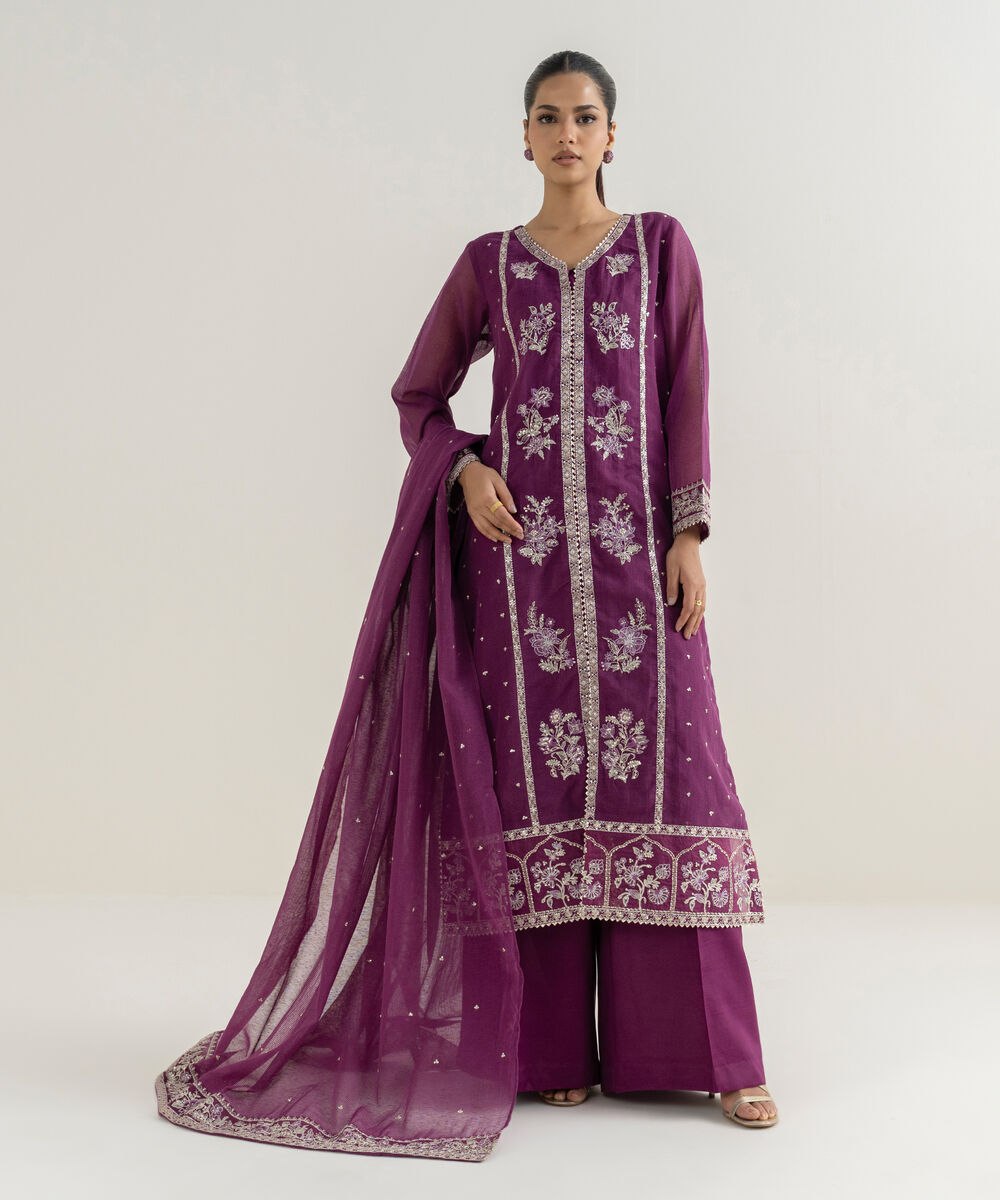 Blended Textured Karandi Embroidered Purple Dupatta