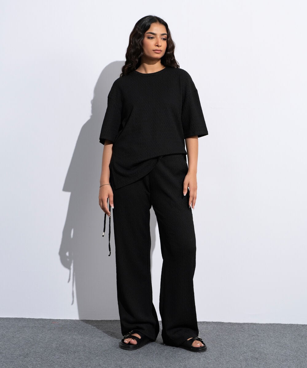 Women's Black Pull-On  Textured Trousers With Tie Detail