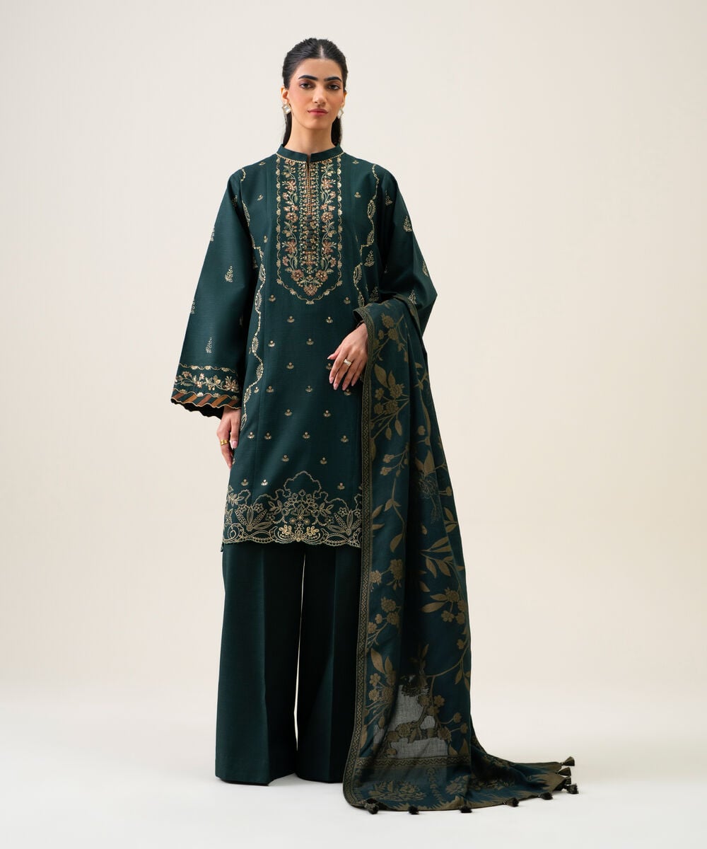Women's Unstitched Basic Khaddar Embroidered Green 3 Piece Suit