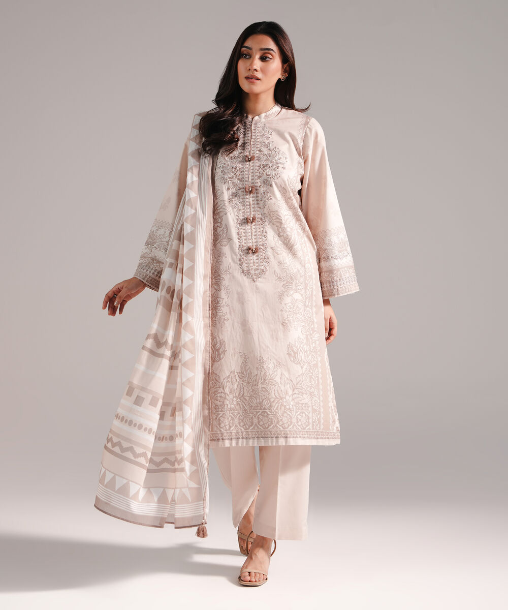 Women's RTW Lawn Printed Dusty Pink 3 Piece Suit