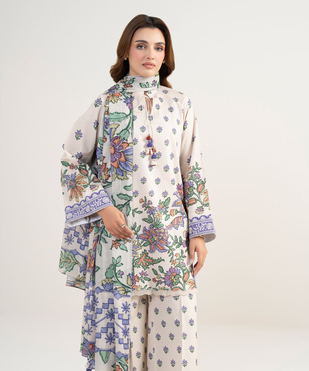 Women's Unstitched Lawn Embroidered Off White 3 Piece Suit