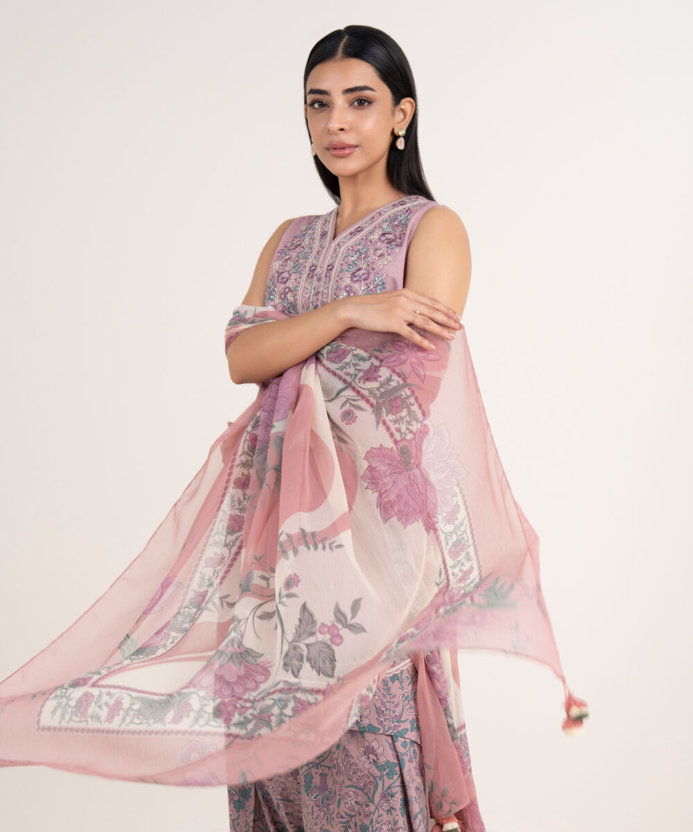 Women's Unstitched Cotton Viscose Embroidered Purple 3 Piece Suit