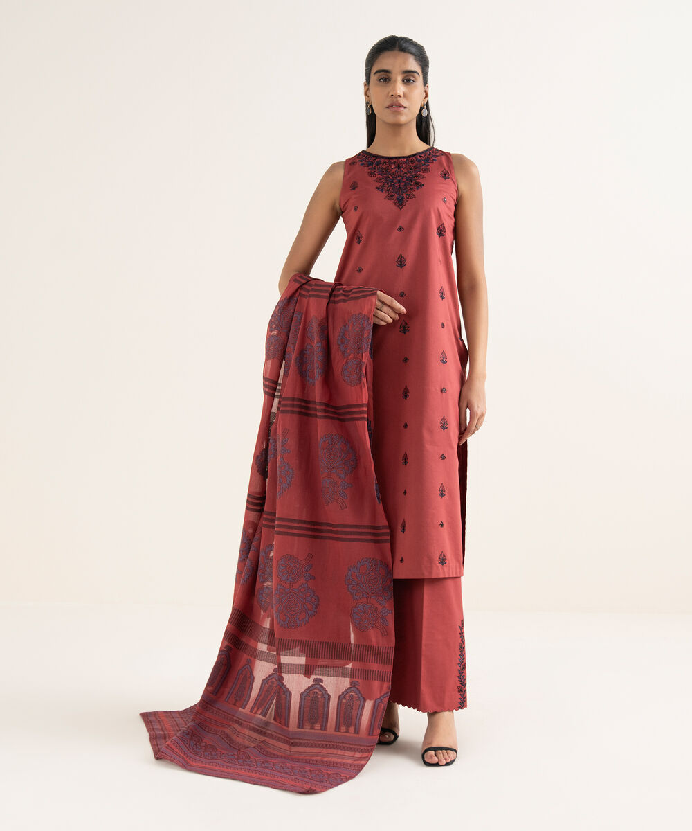 Women's Unstitched Cotton Embroidered Red 3 Piece Suit
