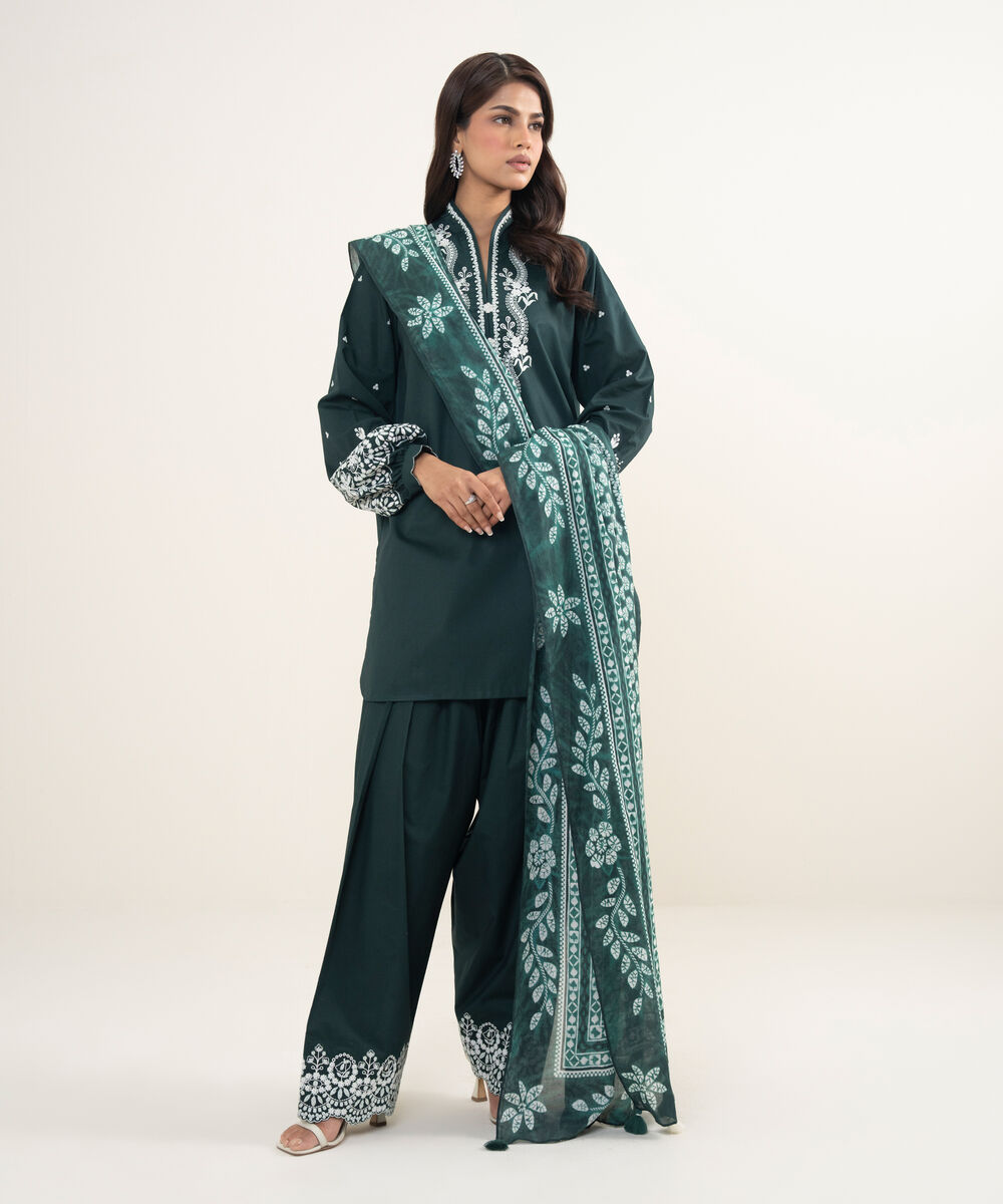 Women's Unstitched Lawn Embroidered Teal Green 3 Piece Suit