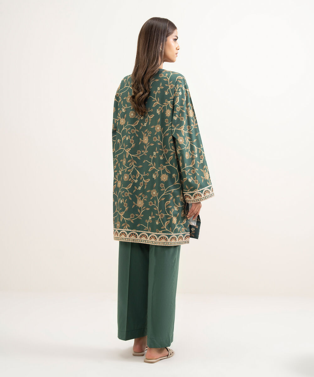 Women's RTW Cotton Viscose Embroidered Green Straight Shirt