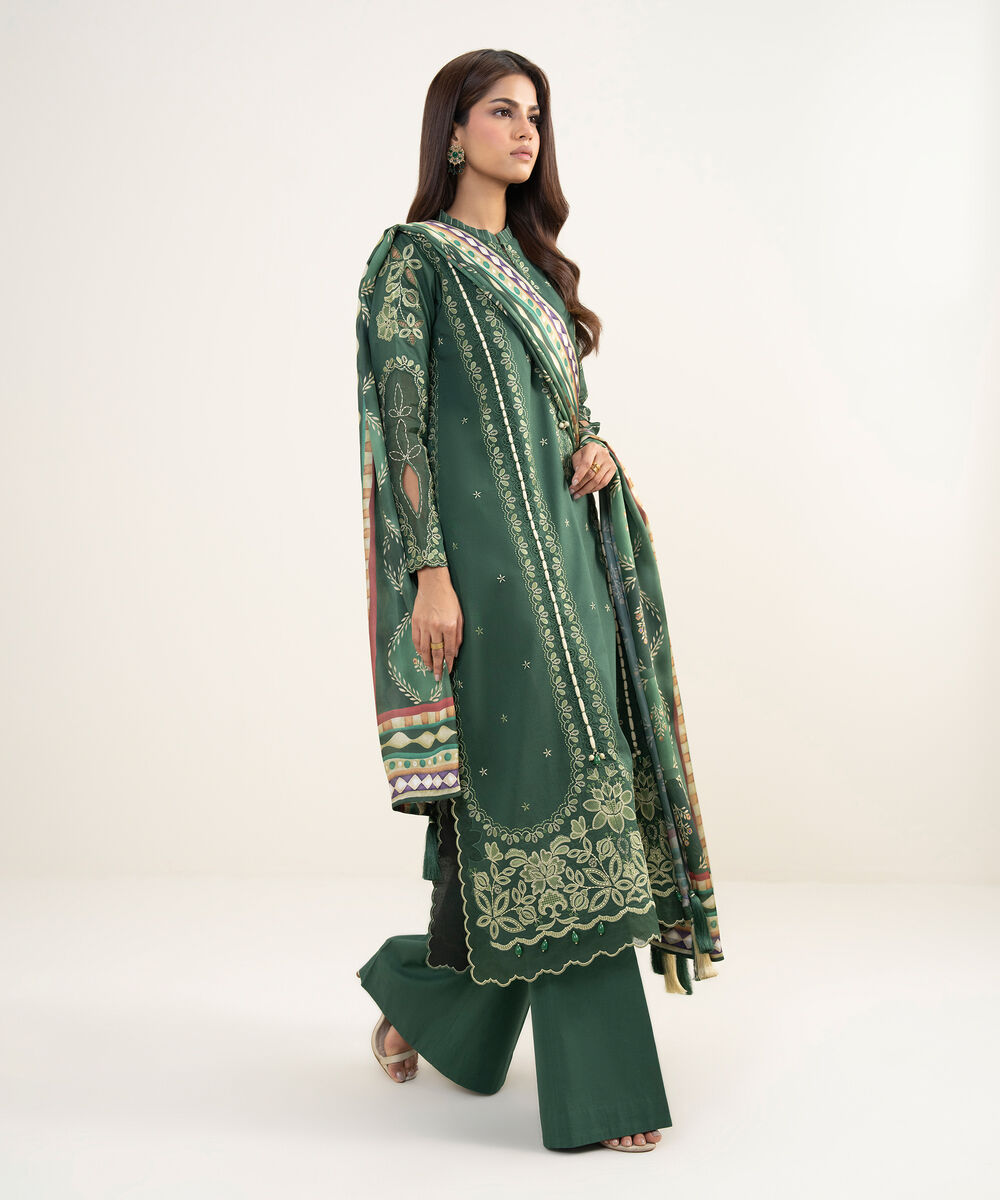 Women's Unstitched Textured Lawn Embroidered Green 3 Piece Suit