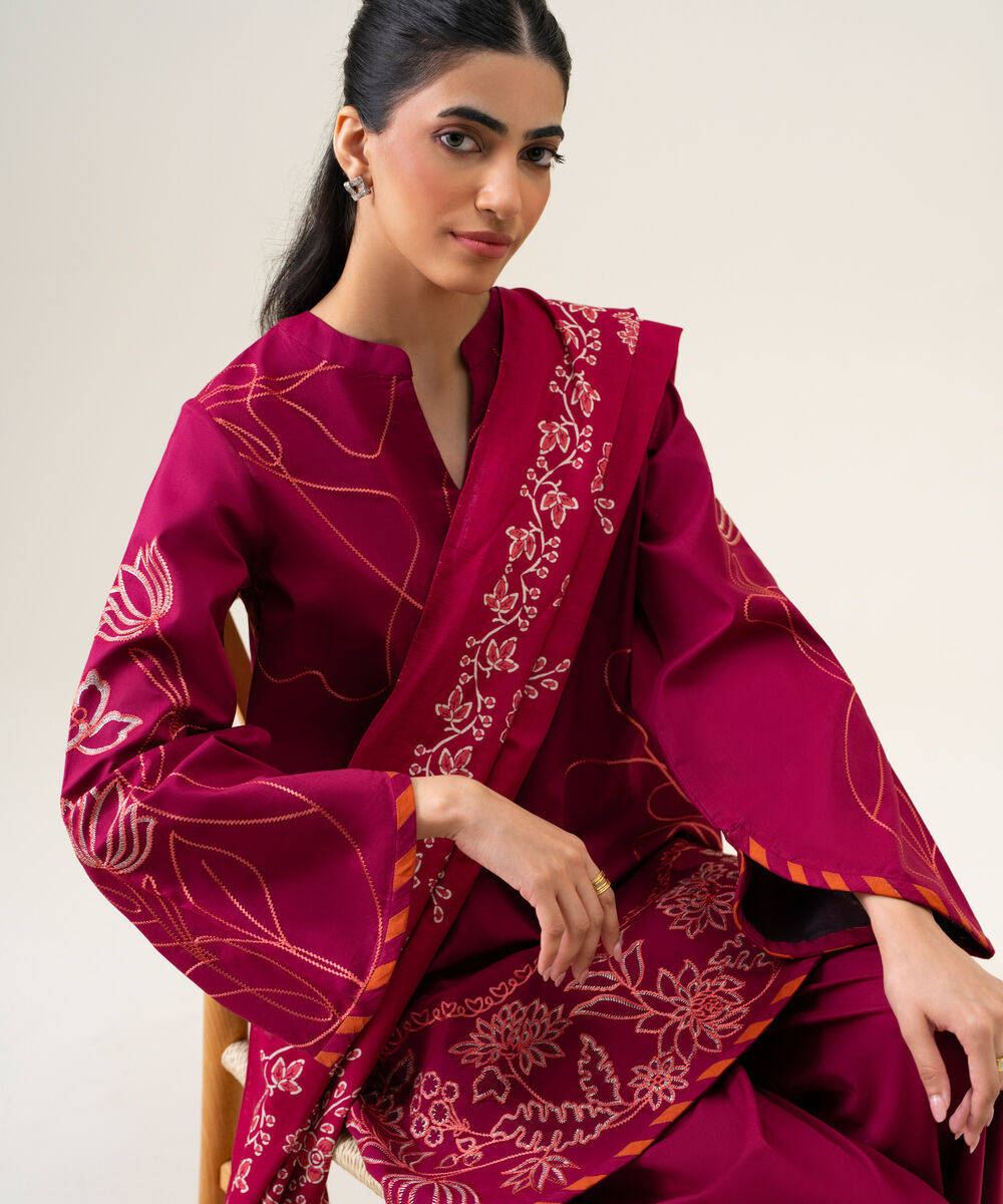 Women's Unstitched Textured Cotton Embroidered Magenta 3 Piece Suit