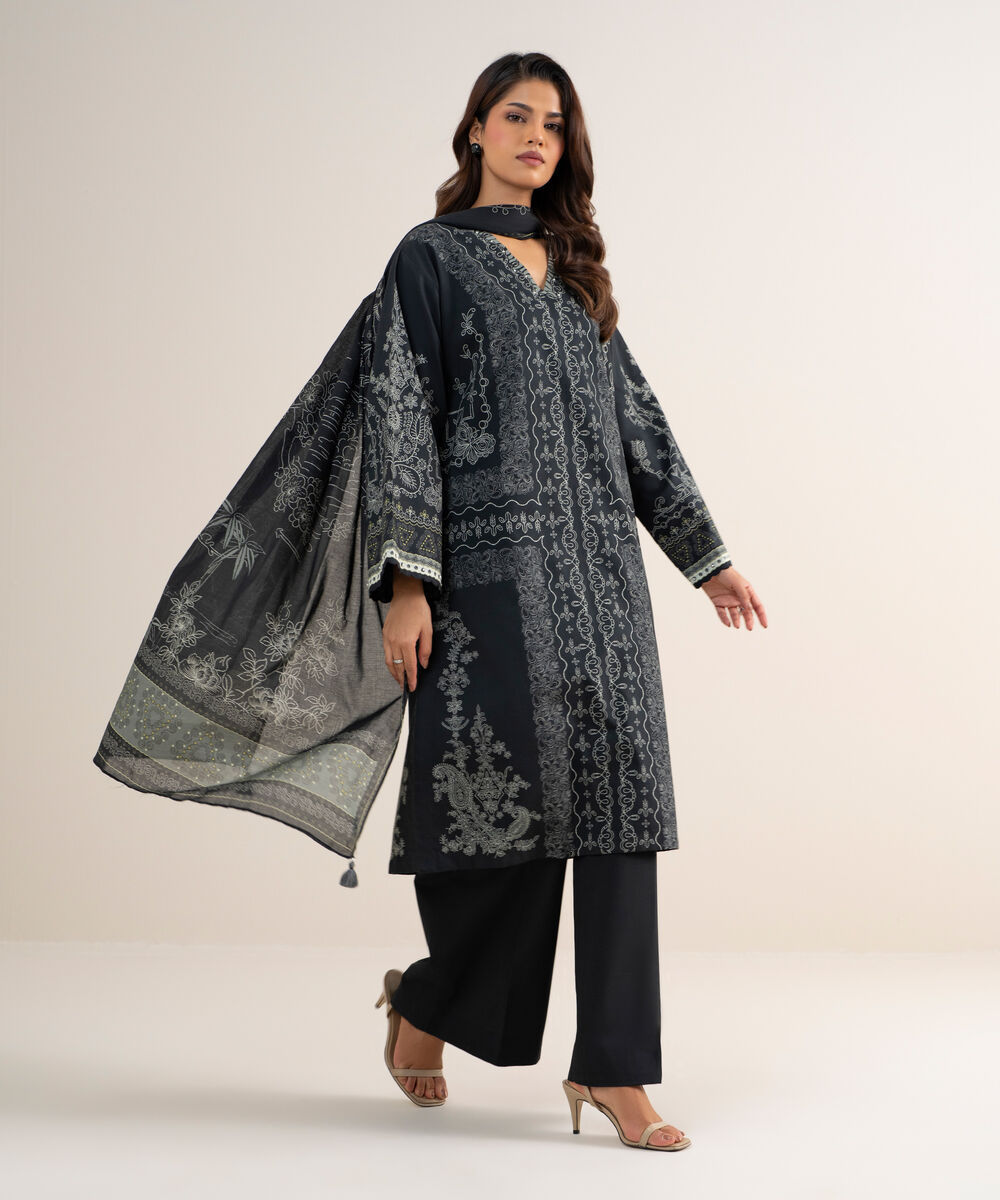 Women's Unstitched Lawn Printed Black 3 Piece Suit