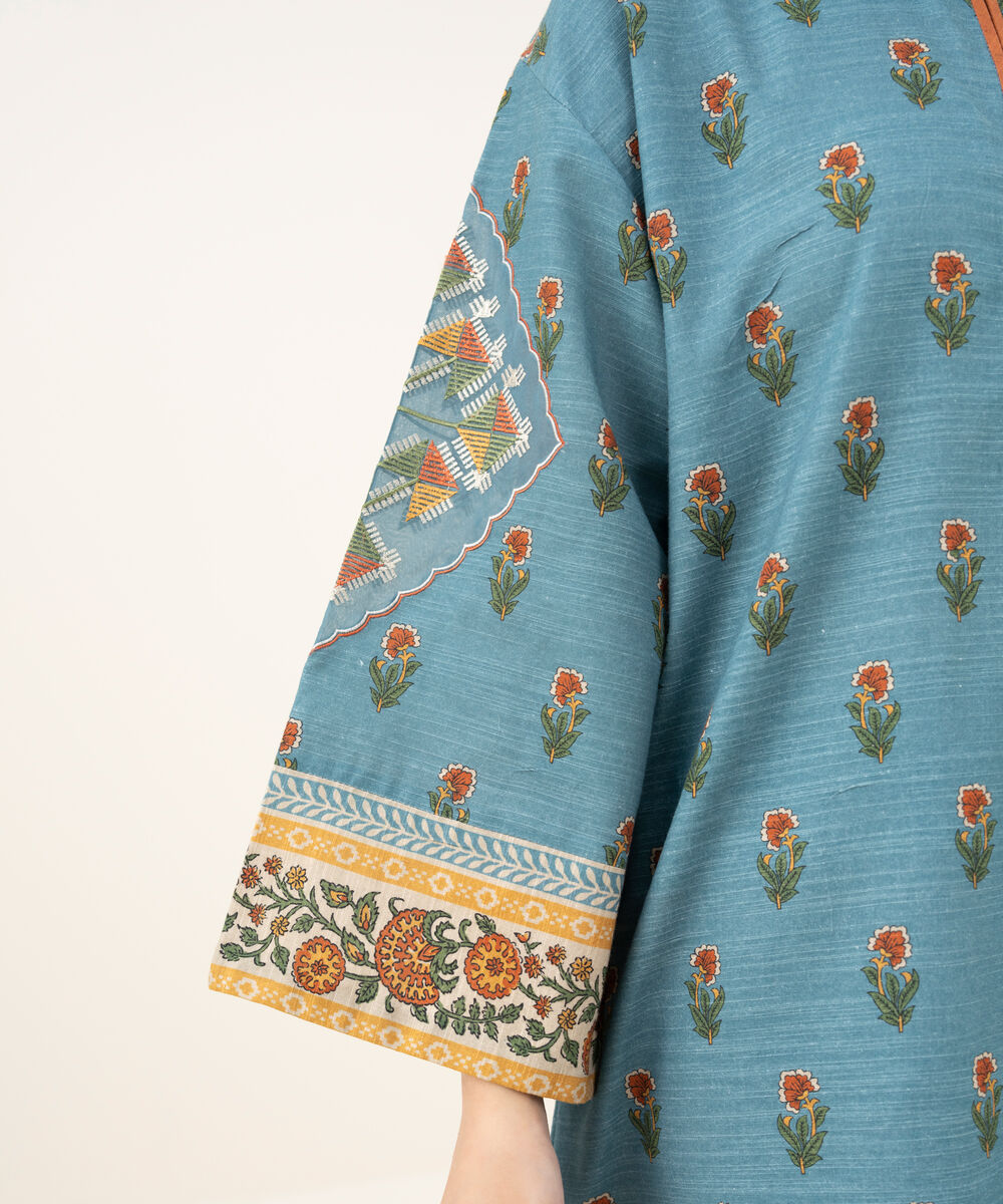 Women's Unstitched Printed Khaddar Blue 3 Piece Suit