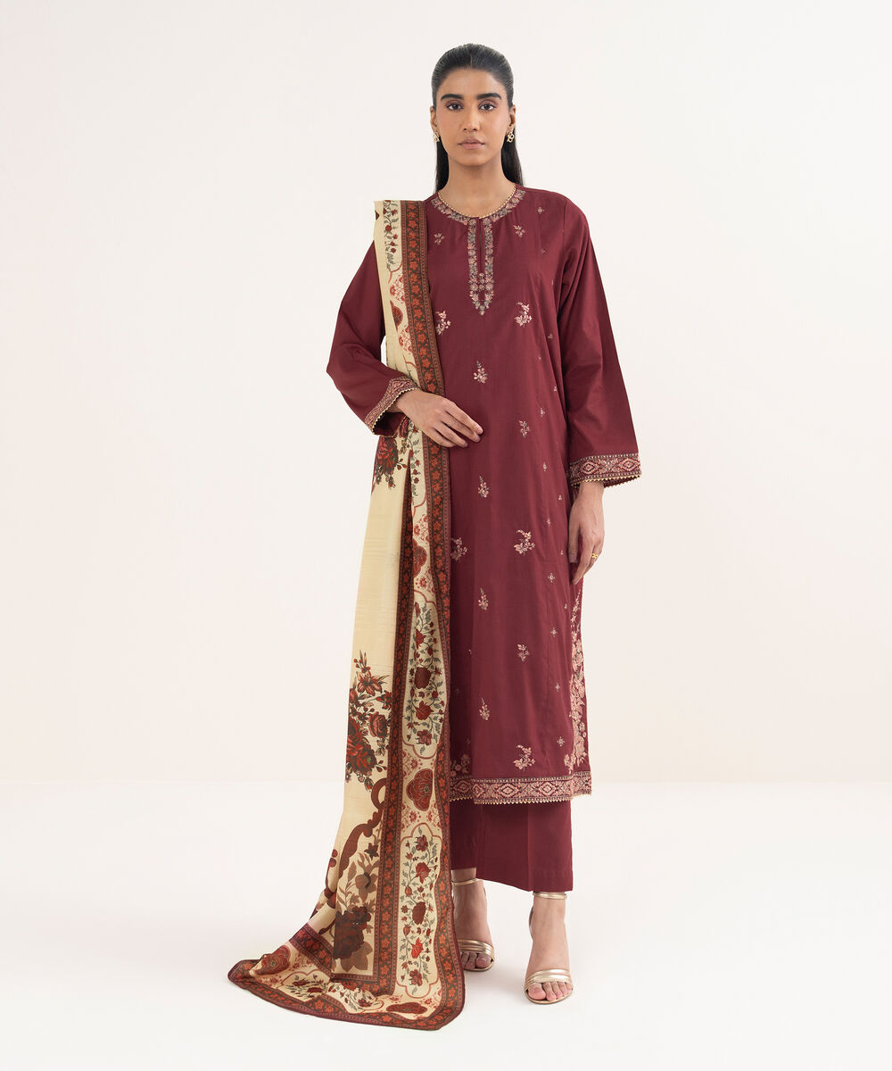 Women's RTW Cotton Viscose Embroidered Red A-Line Shirt