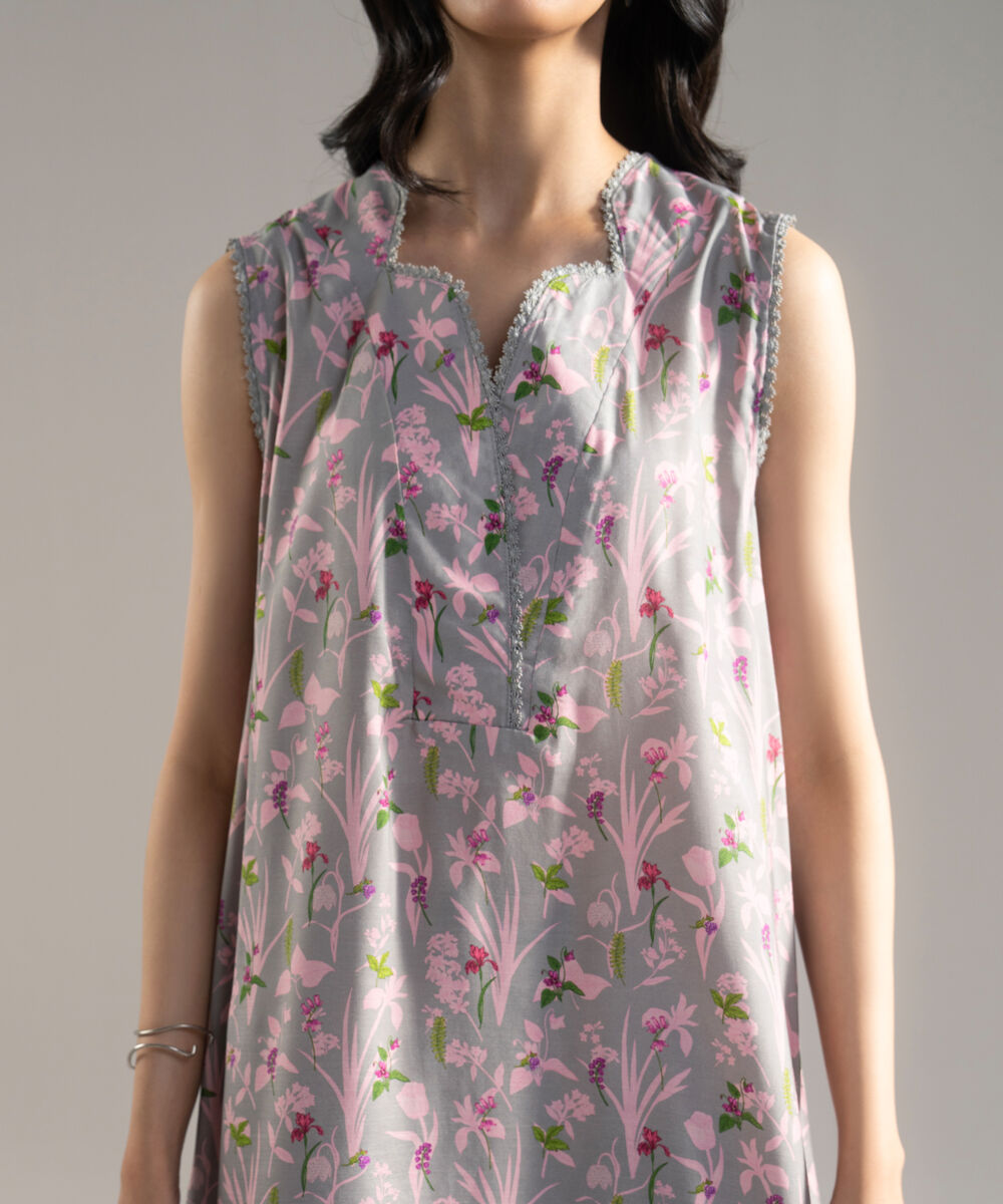 Women's RTW Viscose Raw Silk Printed Grey 3 Piece Suit