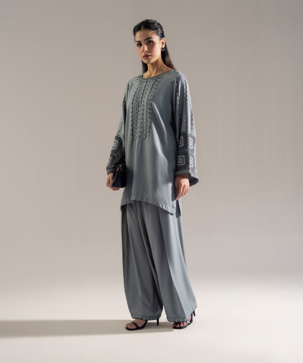 Women's RTW Bedford Solid Embroidered Grey Drop Shoulder Shirt