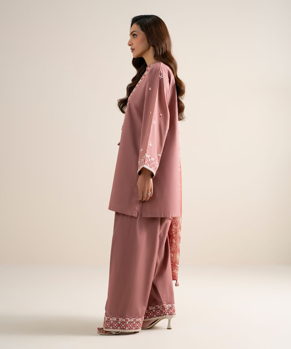Women's Unstitched Slub Lawn Embroidered Pink 3 Piece Suit