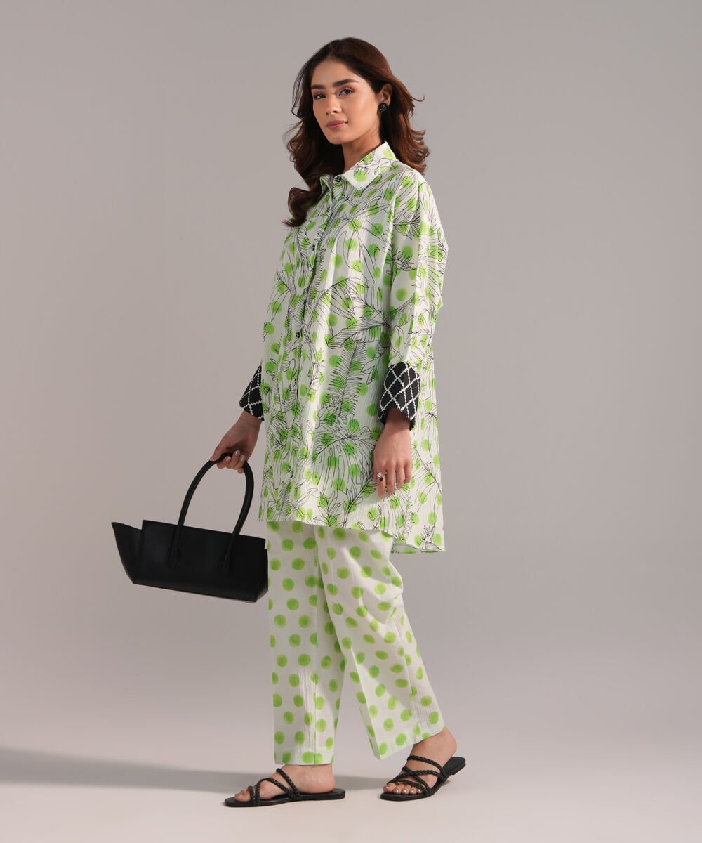 Women's RTW Seersucker Printed Green Drop Shoulder Shirt