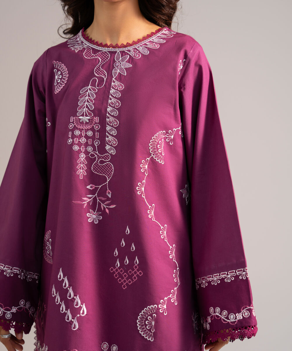 Women's RTW Cambric Embroidered Purple A-Line Shirt