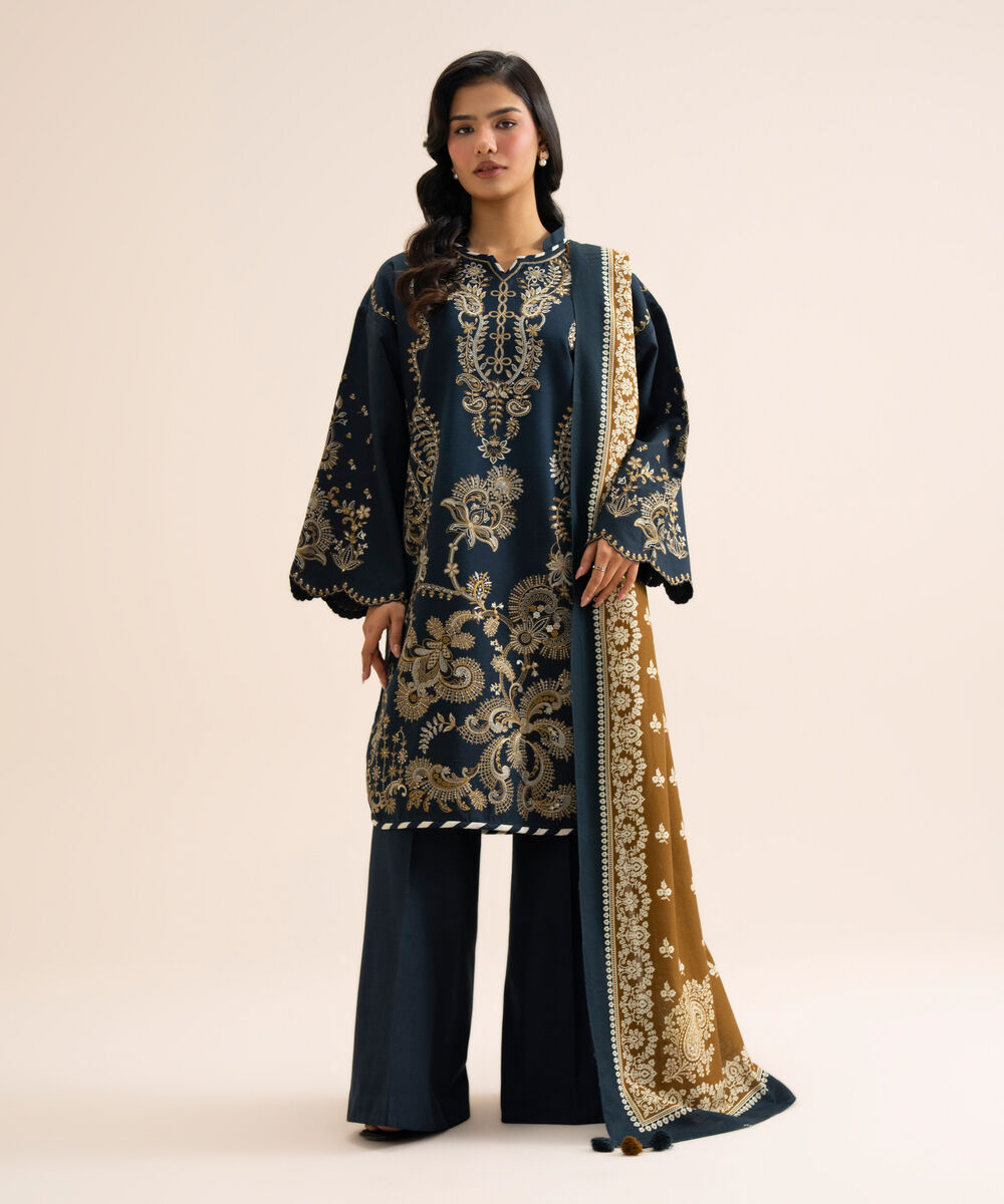 Women's Unstitched Light Khaddar Embroidered Blue 3 Piece Suit