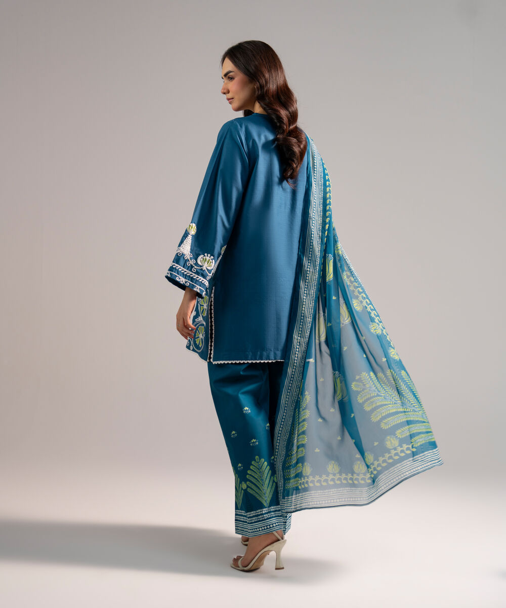 Women's RTW Dobby Embroidered Blue 3 Piece Suit