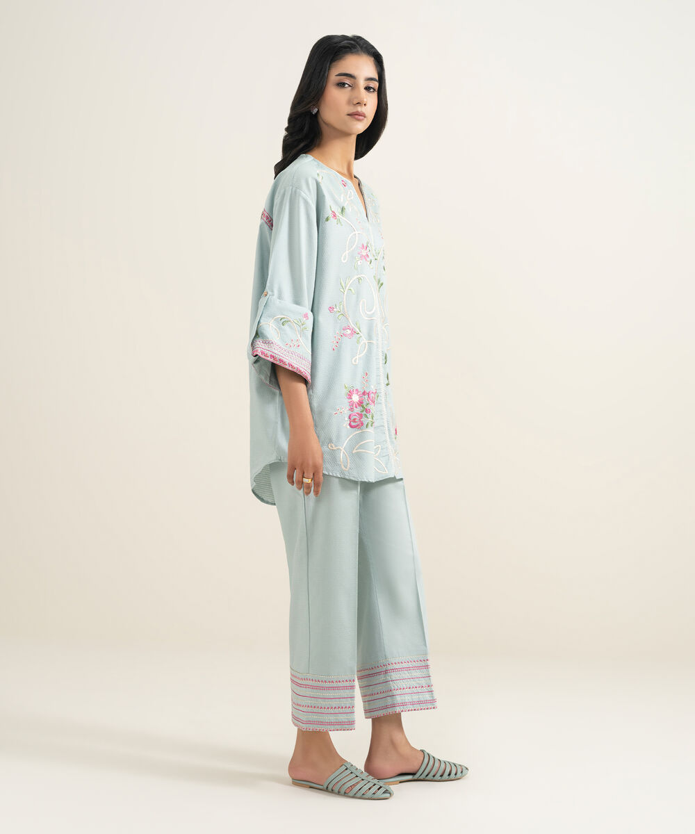 Women's RTW Dobby Embroidered Blue Straight Shirt