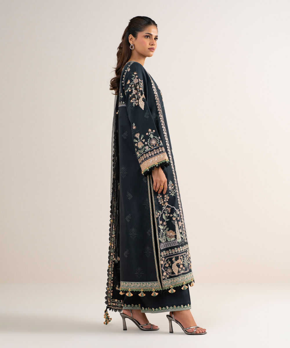 Women's Unstitched Fine Cotton Satin Embroidered Black