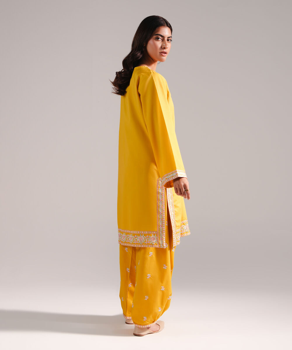 Women's RTW Slub Lawn Embroidered Mustard Yellow 2 Piece Suit