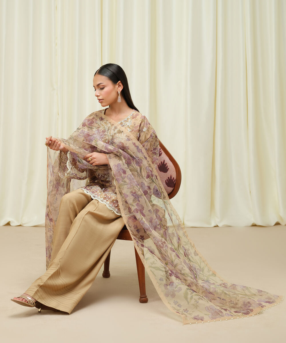 Women's Unstitched Blended Organza Embroidered Beige 3 Piece Suit