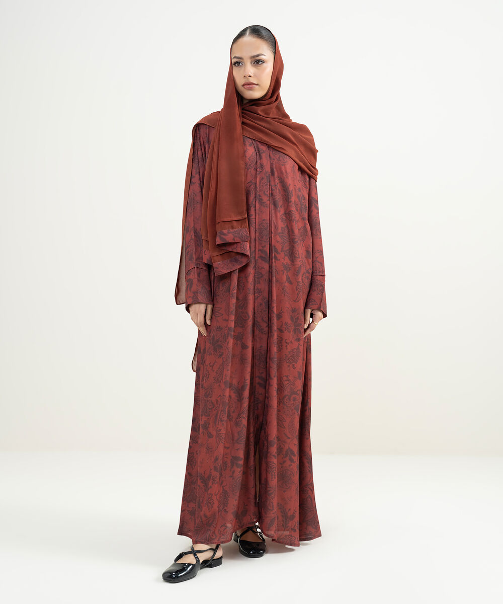 Women's Maroon Printed Abaya Set