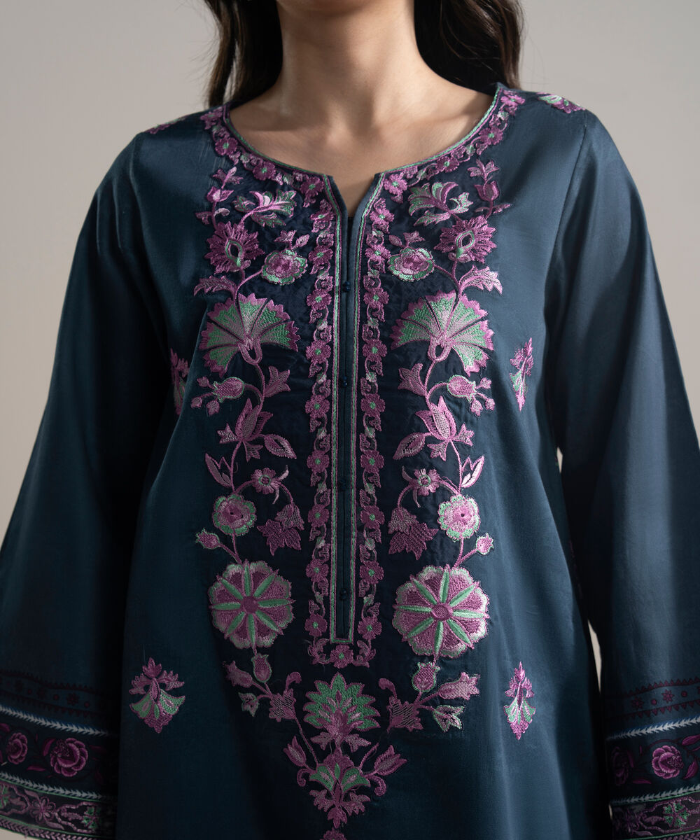 Women's RTW Cotton Satin Embroidered Blue A-Line Shirt