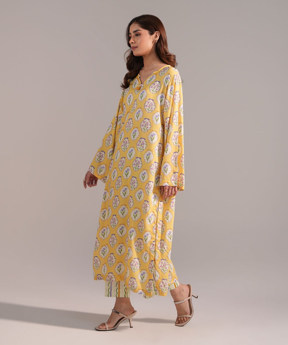 Women's RTW Arabic Lawn Printed Yellow A-Line Shirt