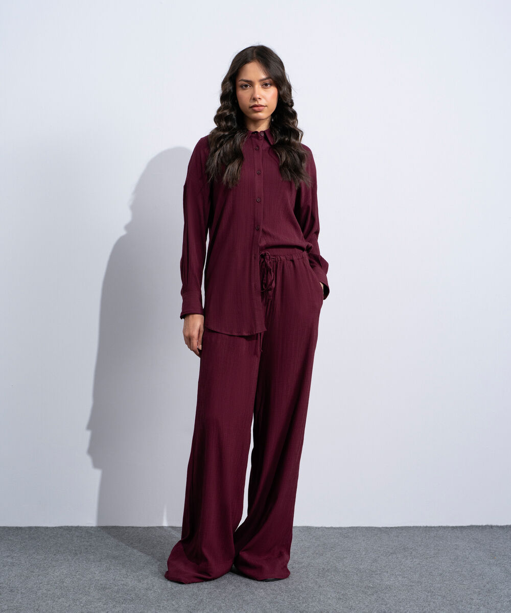 Women's Western Burgundy Wide-Leg Seersucker Trousers