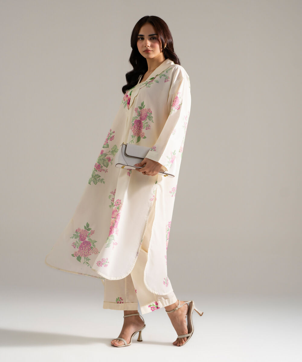 Women's RTW Cotton Viscose Printed Off White 2 Piece Suit