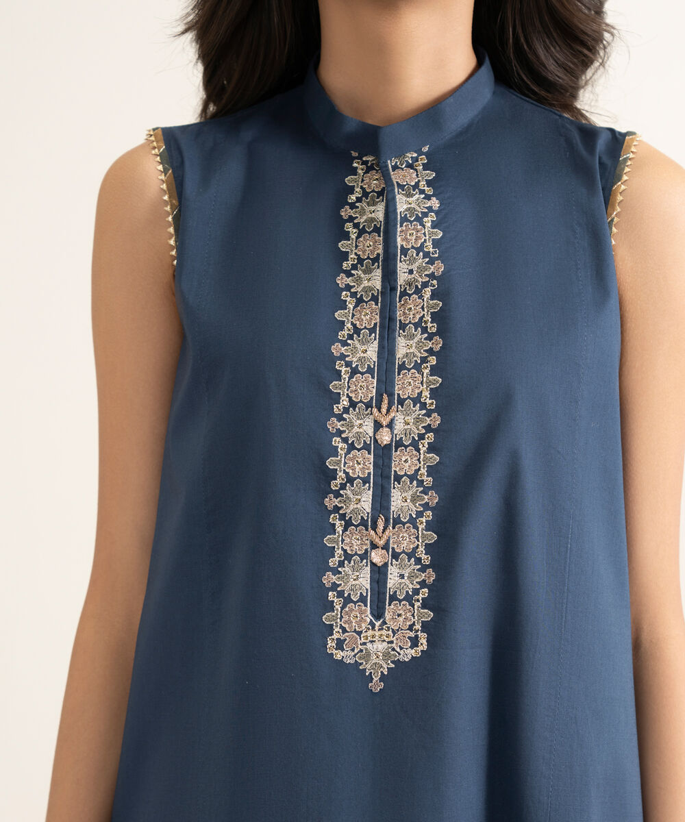 Women's Unstitched Textured Lawn Embroidered Blue 3 Piece Suit