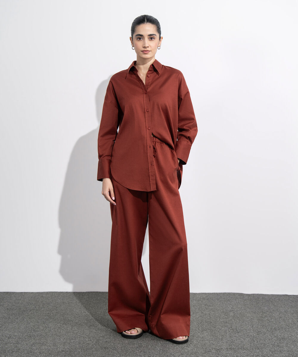 Women's Western Wear Maroon Linen Blend Pull On Trousers
