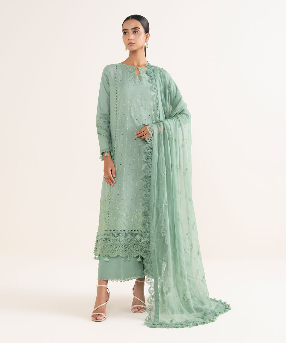 Women's Unstitched Lawn Embroidered Green 3 Piece Suit