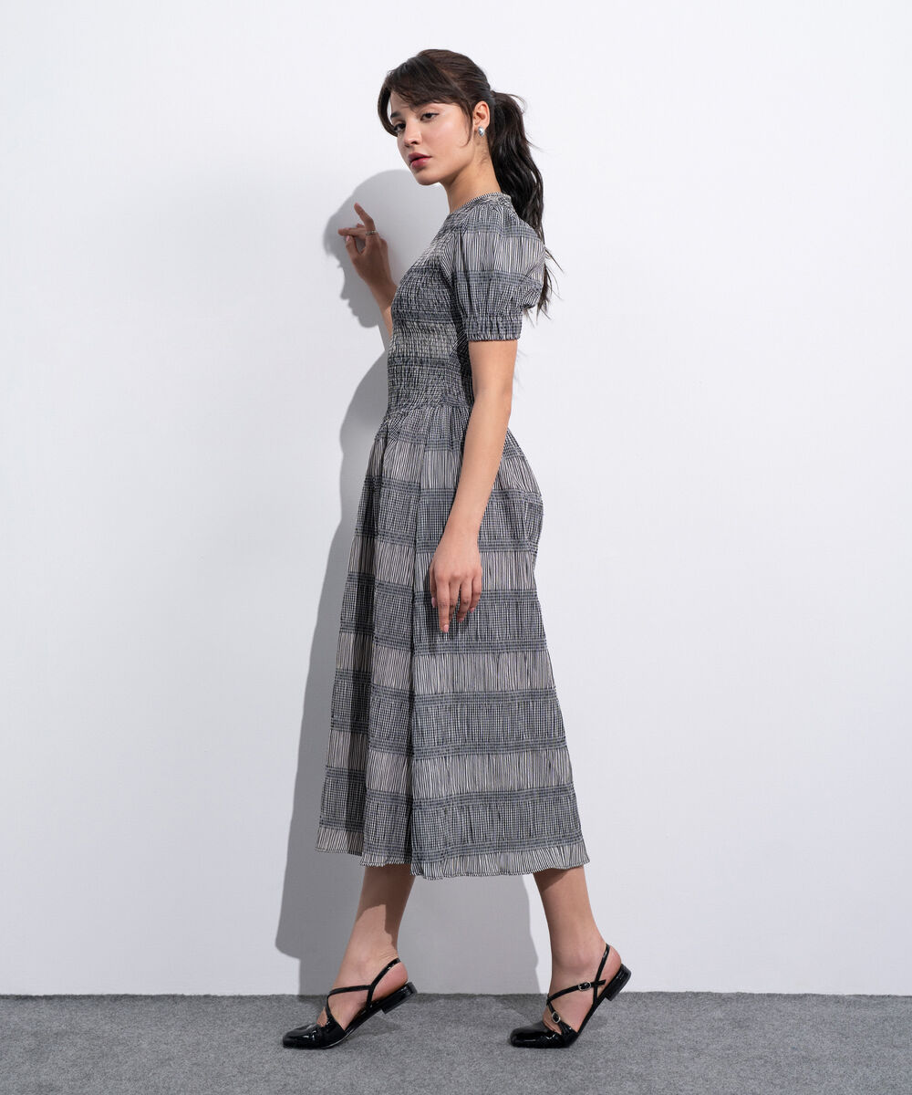 Women's Western Black And White Smocked Seersucker Gingham Dress