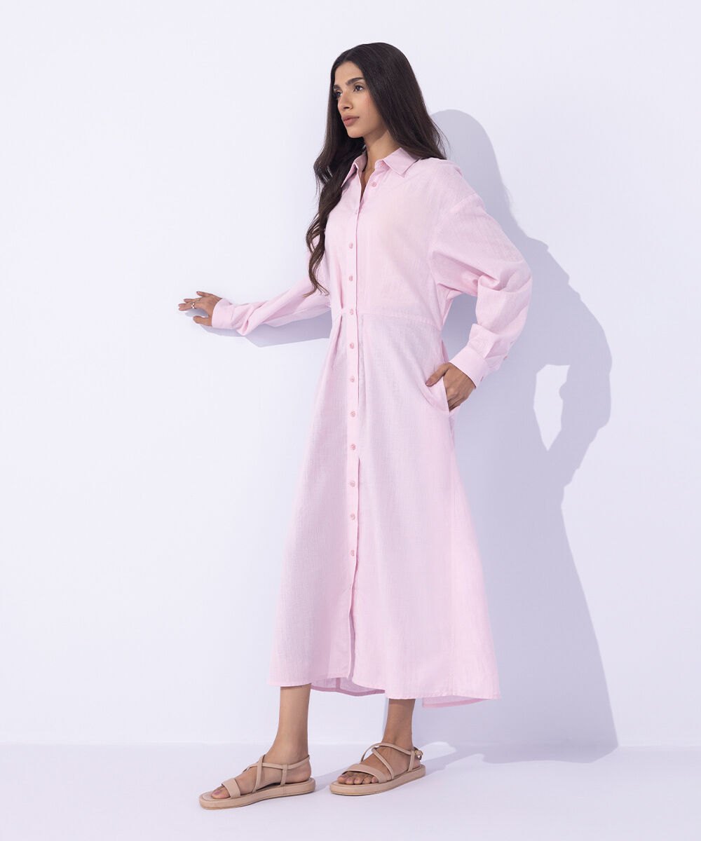Women's Western Wear Pink Button- Through Linen Blend Dress