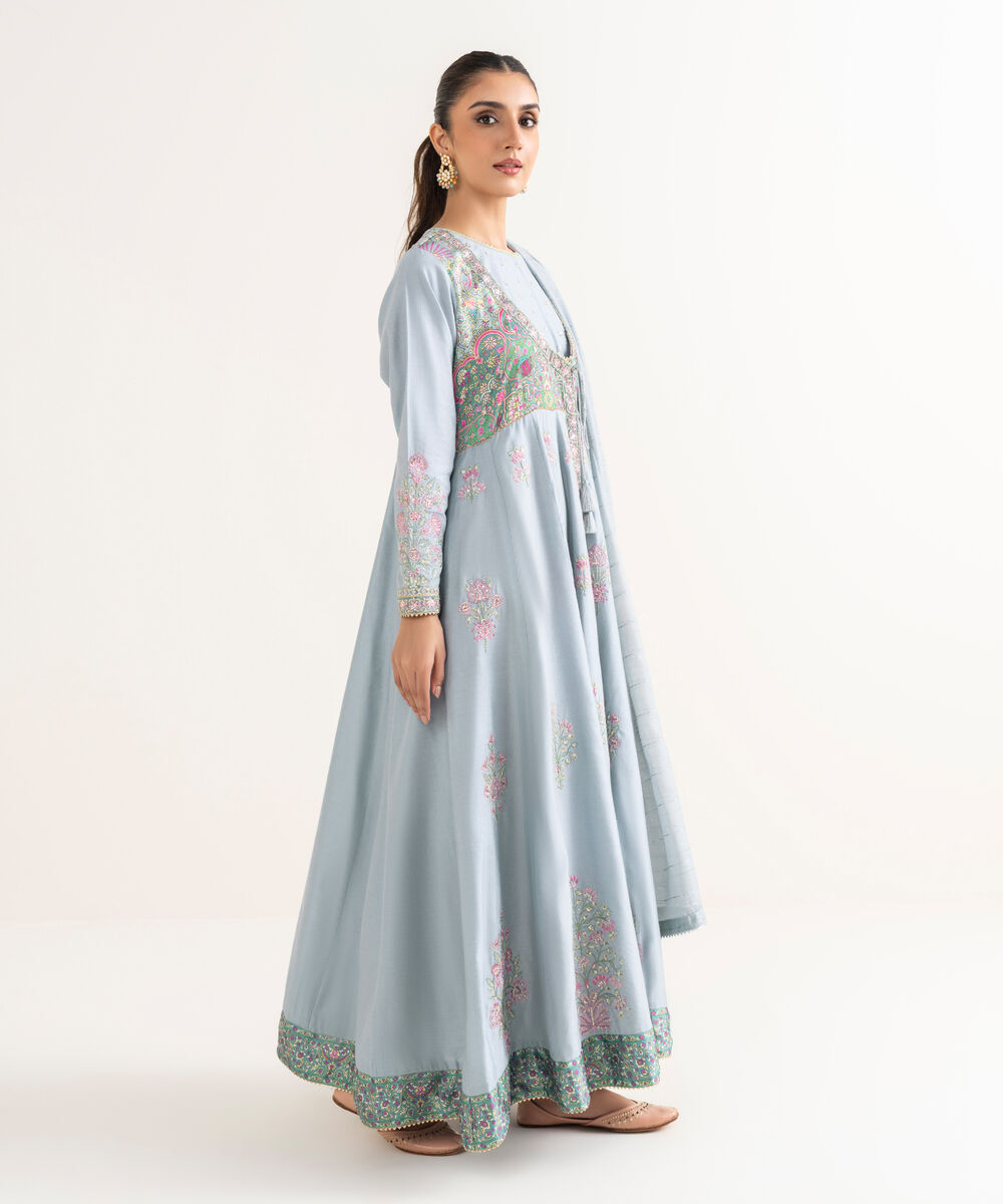 Women's RTW Silk Cotton Net Bue Embroidered 2 Piece Suit