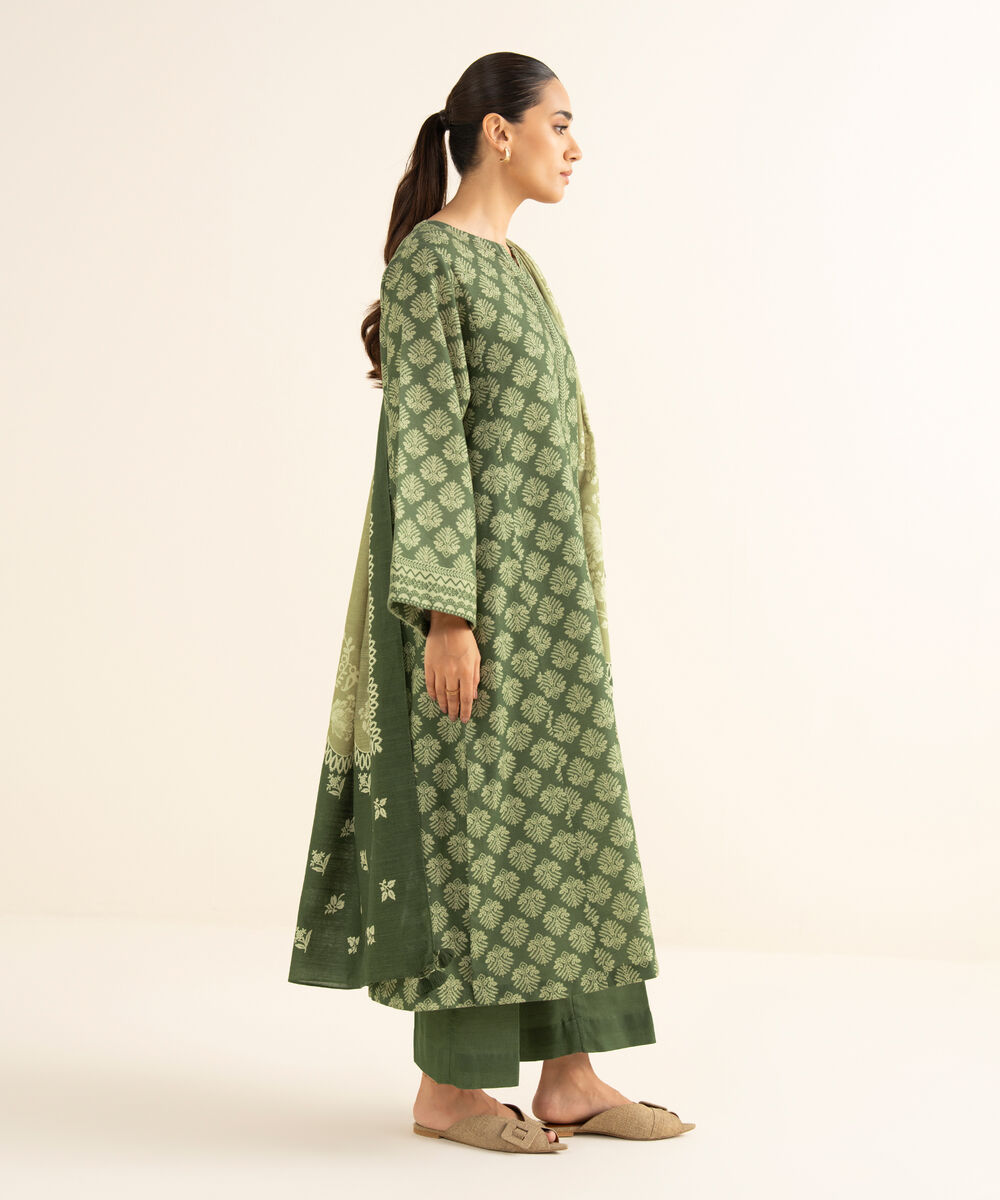 Women's Unstitched Light Khaddar Printed Green 3 Piece Suit