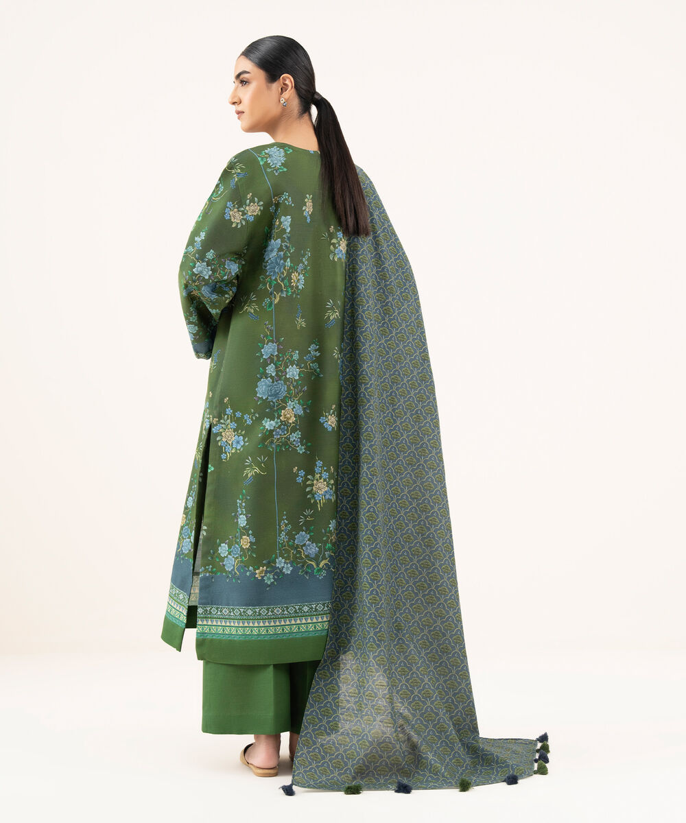 Women's Unstitched Cotton Printed Green 3 Piece Suit