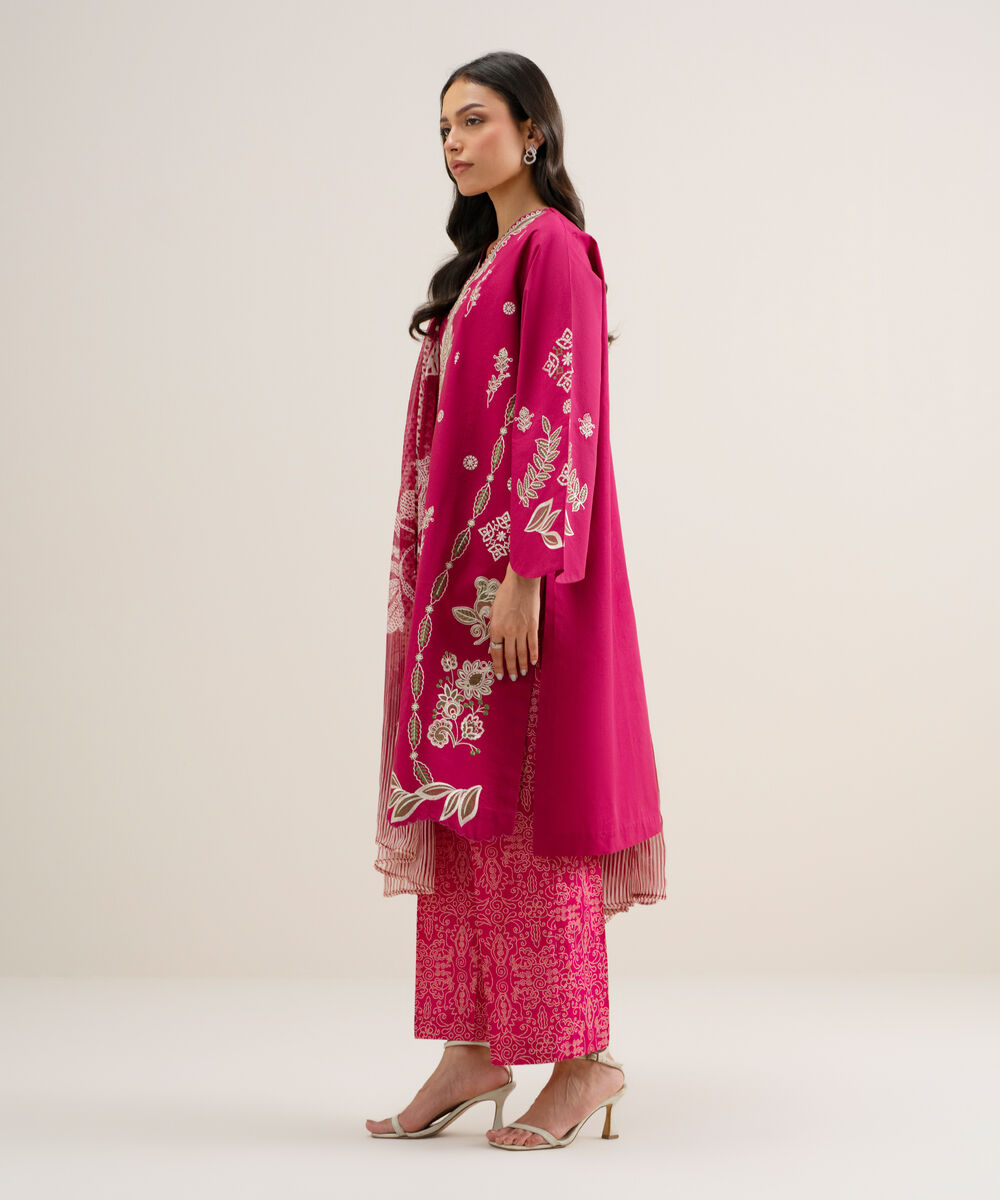 Women's Unstitched Textured Lawn Embroidered Red 3 Piece Suit