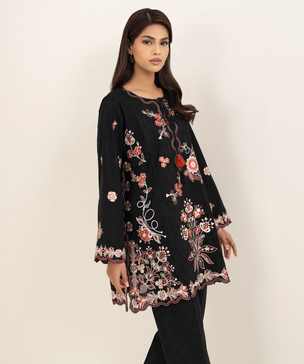 Women's RTW Self Jacquard Embroidered Black Straight Shirt