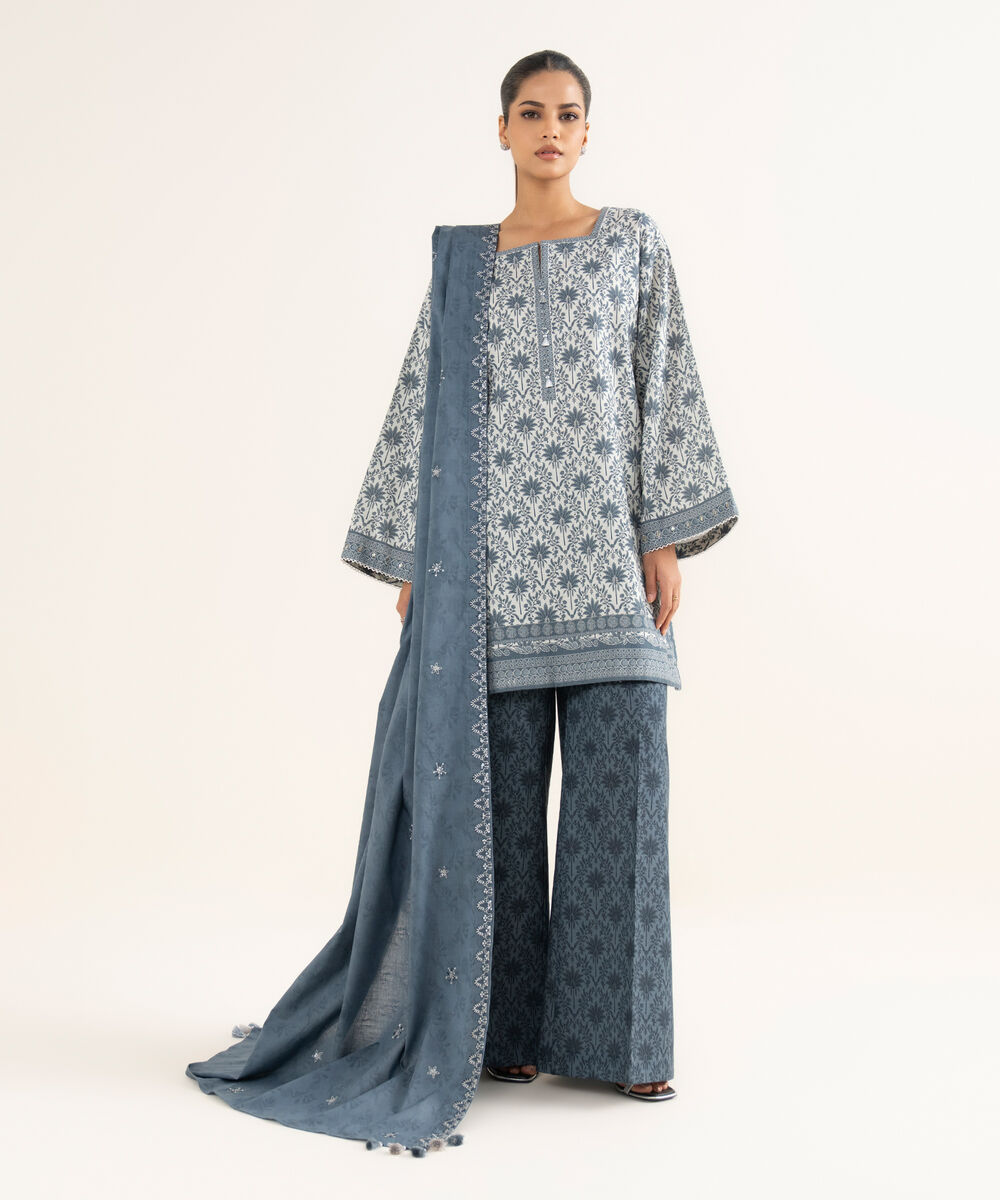 Women's Unstitched Cross Hatch Embroidered Grey 3 Piece Suit