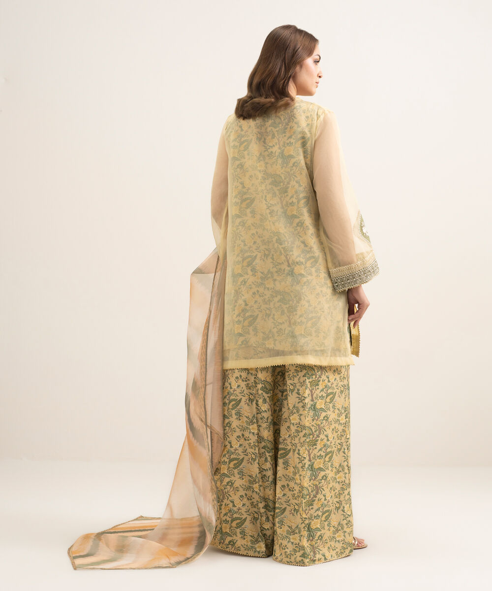 Women's RTW Blended Organza Embroidered Yellow 3 Piece Suit