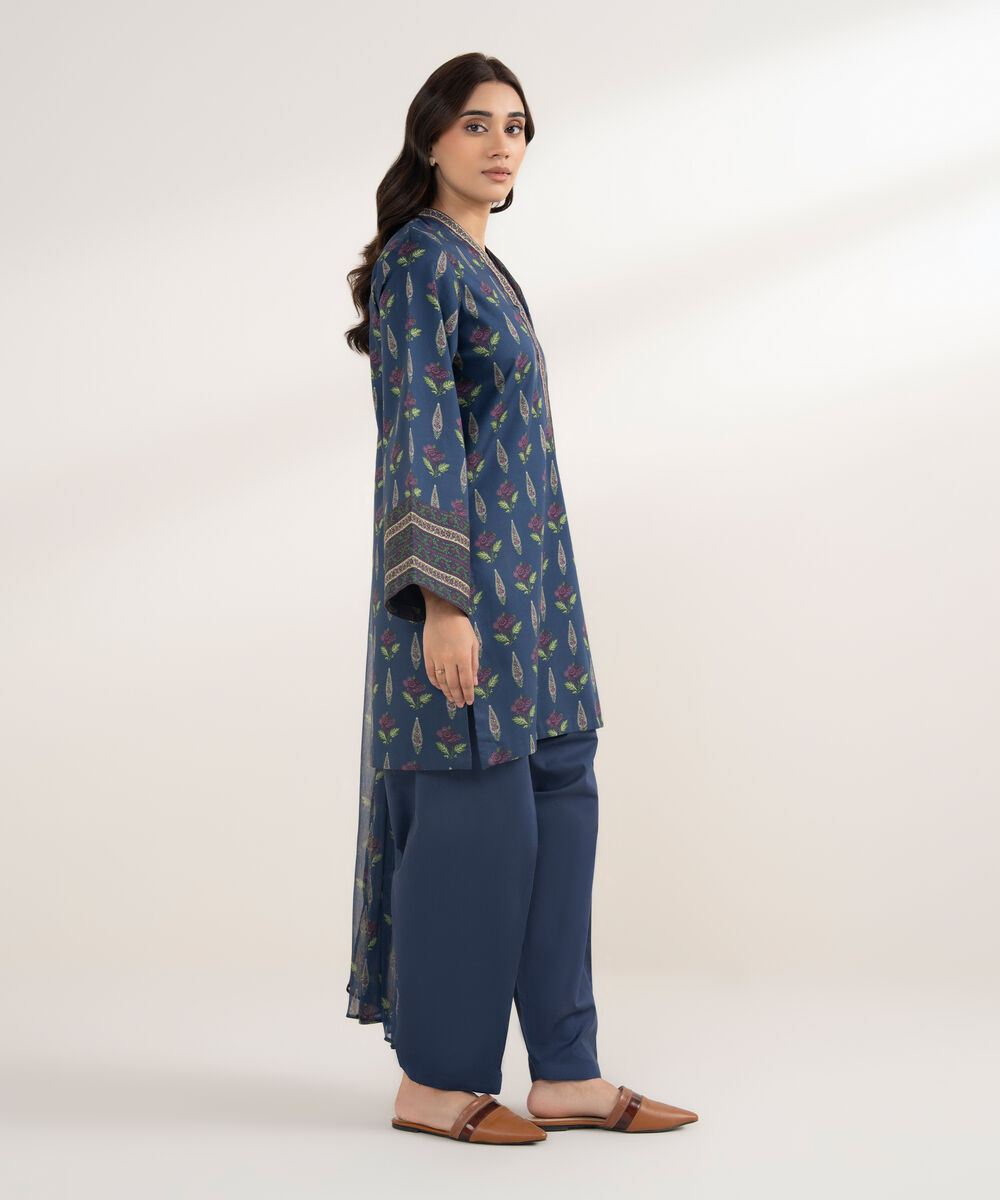 Women's Unstitched Lawn Printed Blue 3 Piece Suit