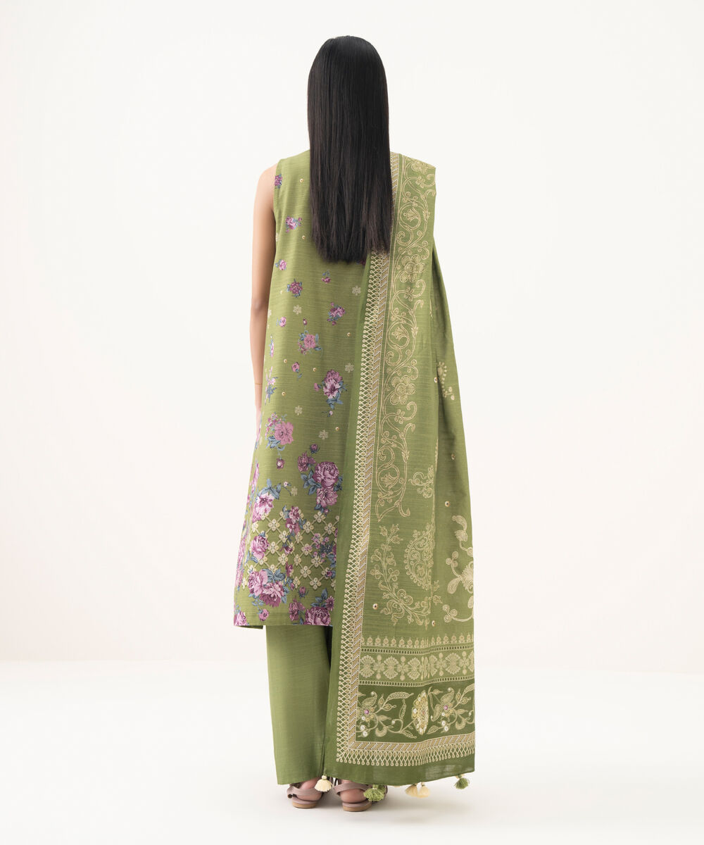 Women's Unstitched Light Khaddar Printed Green 3 Piece Suit